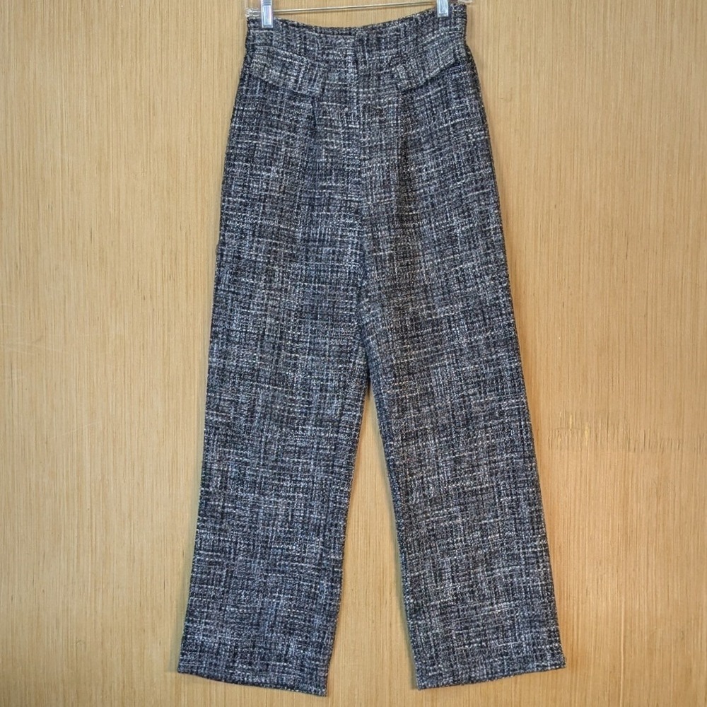 Revolve More To Come Preppy Dark Academia Office Tweed Wide Leg Trousers Size S